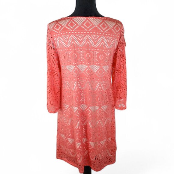 12PM by MON AMI Women's Midi Lace Dress Large Coral Flowy Geometric - Picture 3 of 5